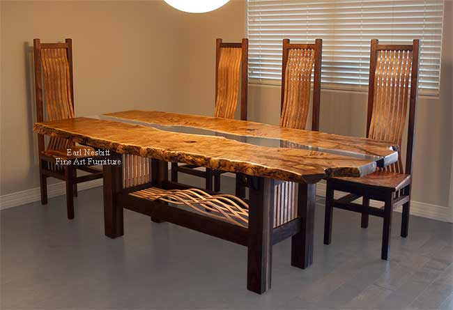 custom made live edge table showing alternating mesquite slats in base and edge of mesquite top with four chairs